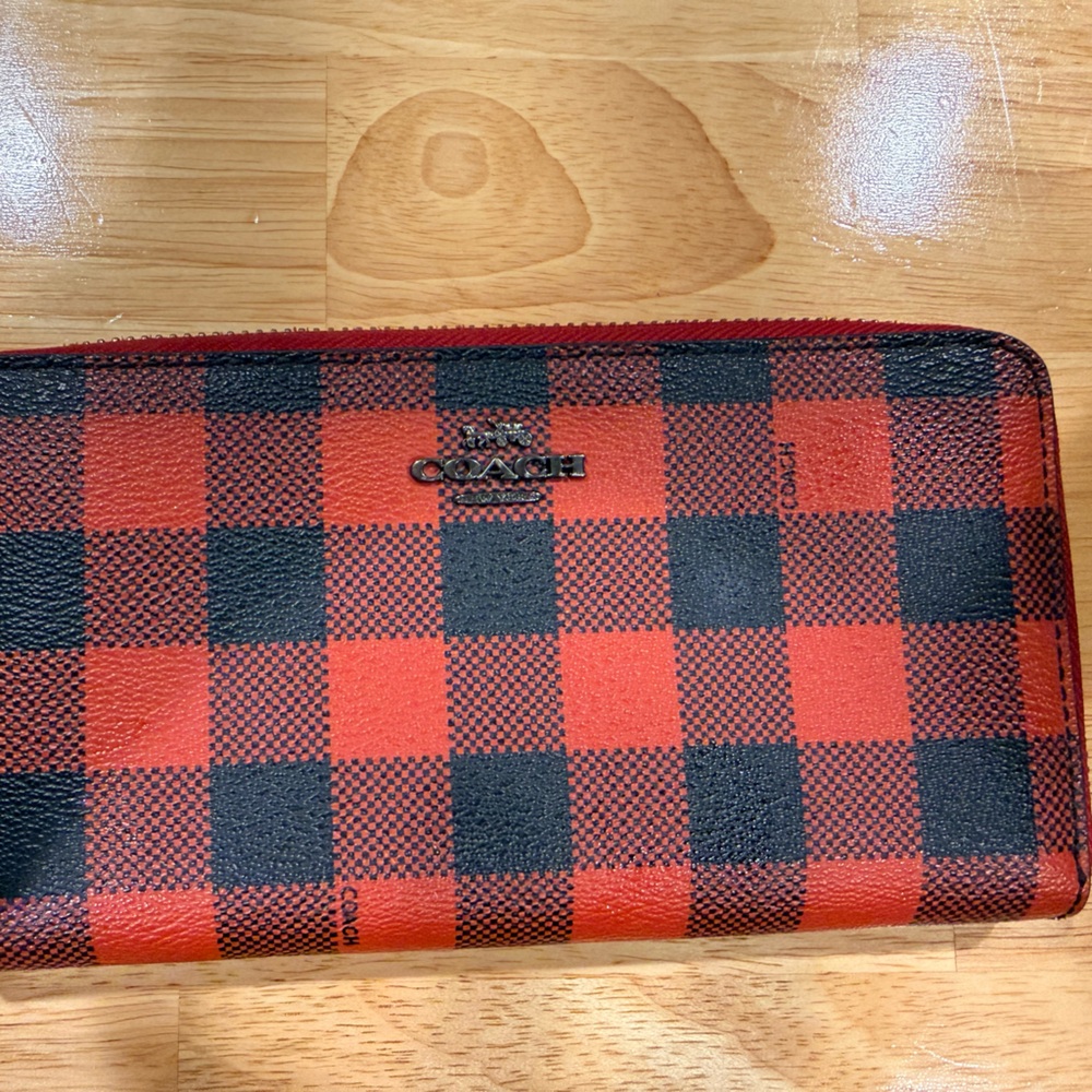 Coach zip around Red and Black Checkered Wallet plaid